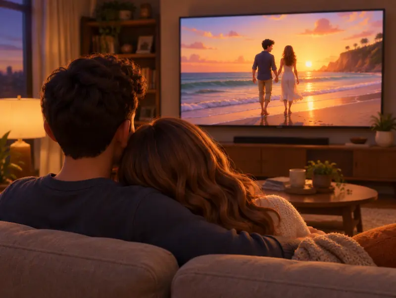 The couple on their sofa watching their film